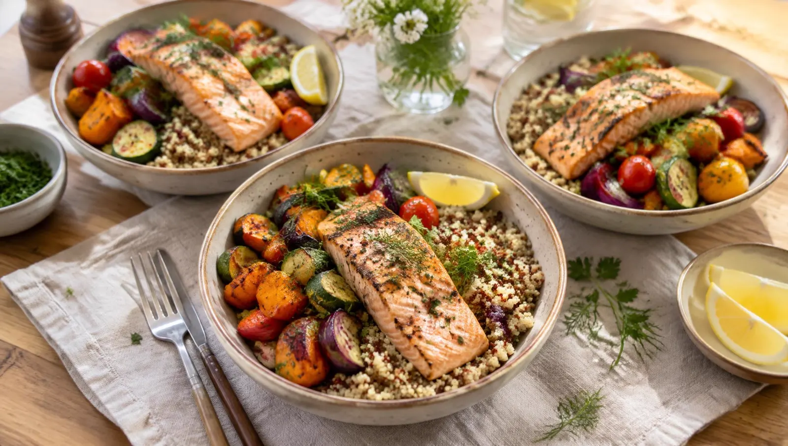 Trois bols de repas frais Coach Cuisine : saumon grillé, légumes rôtis et quinoa, sur une table en bois